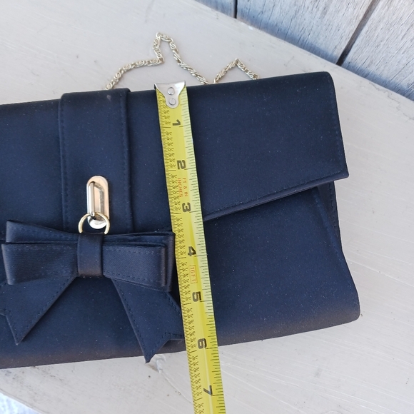 Kate Landry Evening Clutch Black Bow Envelope Snap Close Gold Chain Rope Strap - Picture 6 of 8